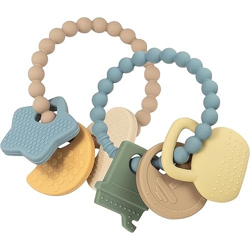 Baby Silicone Teething Toys, 2 Pack Newborn Infants Toddler Sensory Chew Toys，Textured Sensory Chewing Ring for Infants,BPA Free,Starry Sky and Fitness Patterns, Soothe Gums for 6-12 Months