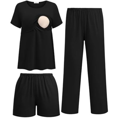 Ekouaer 3 Piece Postpartum Nursing Pajamas Set Short Sleeve Breastfeeding Shirts Pregnancy Shorts & Pants Maternity Pjs