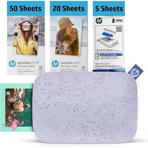 HP Sprocket 2x3 Instant Smartphone Photo Printer 75 Sheets Bundle - Bluetooth Portable Color Wireless Mobile Printer (Purple) Zink Sticky-Back Photos