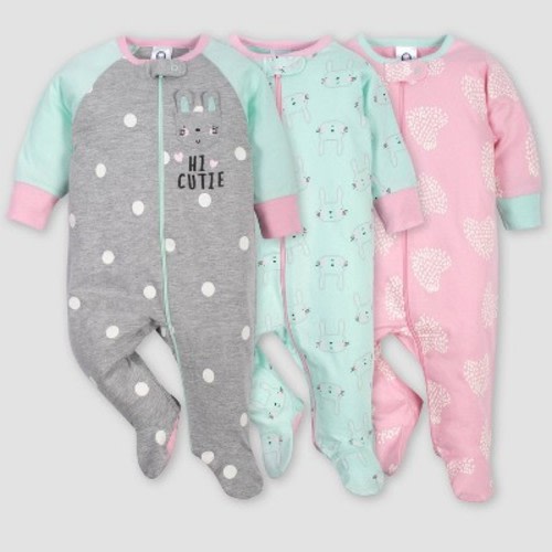 Gerber Baby Girls' 3pk Bunny Sleep N' Play Pajamas - Green/Pink/Gray, Size: 0-3M
