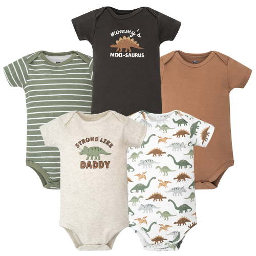 Hudson Baby Infant Boys Cotton Bodysuits 5-Pack, Strong Like Daddy Dino, 0-3 Months