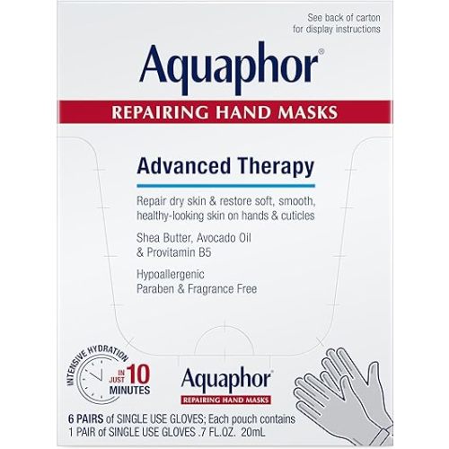 Aquaphor Repairing Hand Masks, Moisturizing Gloves for Dry Hands, Moisturizer for Dry Skin with Avocado Oil and Shea Butter, Pack of 6