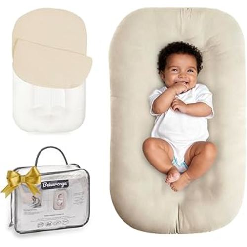 Baby Lounger for Newborn - Snuggle Cozy Me Lounger | Breathable Soft Cotton, 0-24 Months Portable Playtime Baby Nest, Newborn Baby Essentials Gifts- Coffee (1 Lounger + 1 Cover)