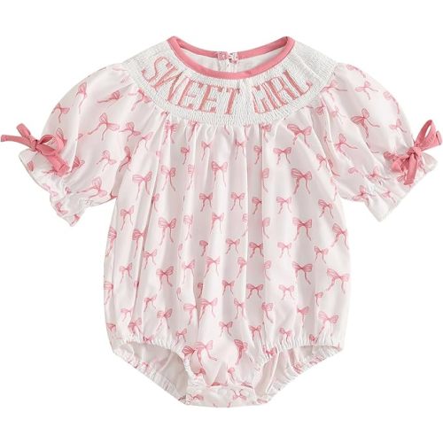 Newborn Baby Girl Romper Mamas Mini Bow Plaid Print Puff Sleeve Smocked Bubble Romper Jumpsuit Bodysuit Clothes