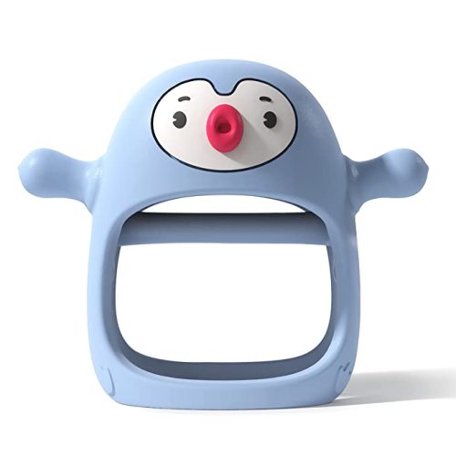 Smily Mia Penguin Buddy Never Drop Silicone Teething Toys for Babies 0-6month,Infant Hand Teether Pacifiers for 0-6Months Breastfeeding Babies, Easter Baby Basket Stuffers for 3-6Months,Light Blue… - light blue
