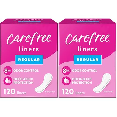 Carefree Panty Liners, Regular Liners, Unwrapped, Unscented, 120ct (Packaging May Vary) (Pack of 2)