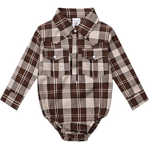 COSLAND Baby Boys' Western Cotton Plaid Bodysuit, Infant Cowboy Jumpsuit, 0-18 Months