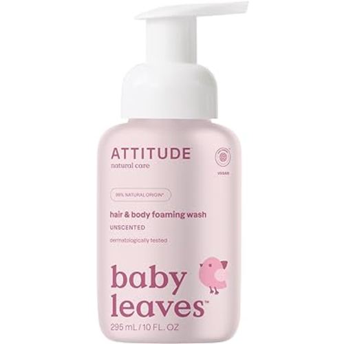 ATTITUDE 2-in-1 Hair and Body Foaming Baby Wash, EWG Verified Shampoo Soap, Dermatologically Tested, Made with Naturally Derived Ingredients, Vegan, Unscented, 10 Fl Oz