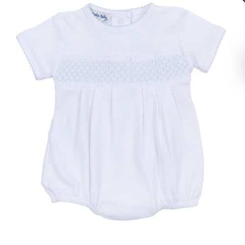 Essentials Solid Smocked Bubble - White Blue – Magnolia Baby