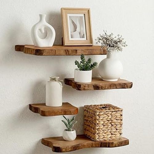 4 Pcs Solid Live Edge Floating Shelves for Rustic Wall Wood Shelf Wall-Mounted Natural Shelves for Bathroom Bedroom Kitchen Storage Living Room Nursery Decor (23.6/15.8/7.9 Inch)