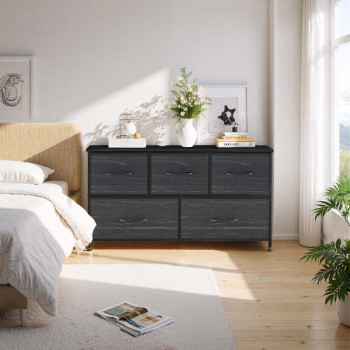 Dresser, Betcozy Storage Organizer with 5 Drawers for Bedroom, Chest of Drawers with Fabric Bins, Sturdy Metal Frame, Wood Tabletop, Black