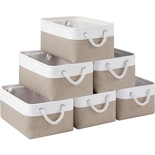 Storage Baskets for Shelves 13.8x9.8x6.7 Inch, Foldable Fabric Storage Bins with Handles, Small Storage Baskets for Organizing Closet, Office, Home Organization (6-Pack, White&Khaki)