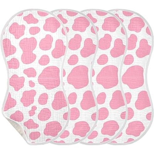 Muslin Burp Cloths for Baby Boys and Girls - 4-Pack Ultra Absorbent Pink Cow Print Muslin Washcloths, Newborn Towel, Milk Spit Up Rags, Burp Cloth Bib for Unisex, 22 x 11 Inch