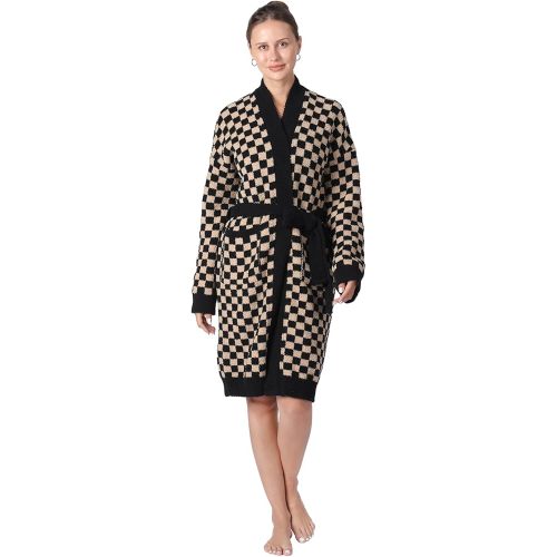 bearberry Checkerboard Robe Cozy Lightweight Soft Plush Robe Hoodless Sleepwear Nightgown with Pockets for Women