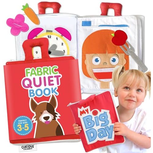 Curious Columbus My Big Day Quiet Book, Fabric Busy Book for Travel (Red) | 10 Interactive Pages, Color Matching, Counting, Buttons, Zippers, Buckles and Lacing, Book Zips Closed with Carry Handles