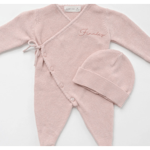 The Heirloom Wrap Footie - Vintage Pink - Size NB. Font #1 "Marigold". Matching Beanie hat below!