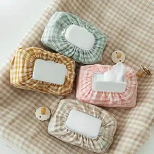 Baby Wipes Cover – Universal Size, One Size Fits All Wipes Packages | Muslin Cotton Tissue Cover for Nursery, Diaper Bag & Changing Table, Station | Gingham & Neutral Patterns (Beige Gingham)