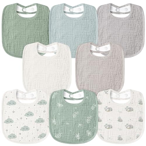 Susurration Muslin Baby Bibs 8 Pack Bandana Drool Bibs, Soft Square Adjustable Baby Drooling Bibs for Unisex Girls & Boys