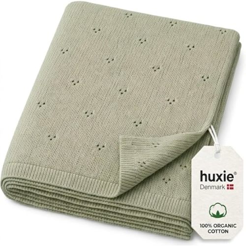 100% Organic Cotton Knit Baby Blanket for Boys - Pointelle Swaddle Blanket - 40" x 30" Soft Receiving Blanket for Newborn - Lightweight Heirloom Nursery Knit Blanket (Roman Green)