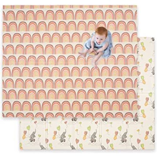 JumpOff Jo Baby Play Mat - Large Folding Foam Play Mat for Infants, Babies, Toddlers, Waterproof, Double-Sided (70" x 59") - Elephant & Rainbow