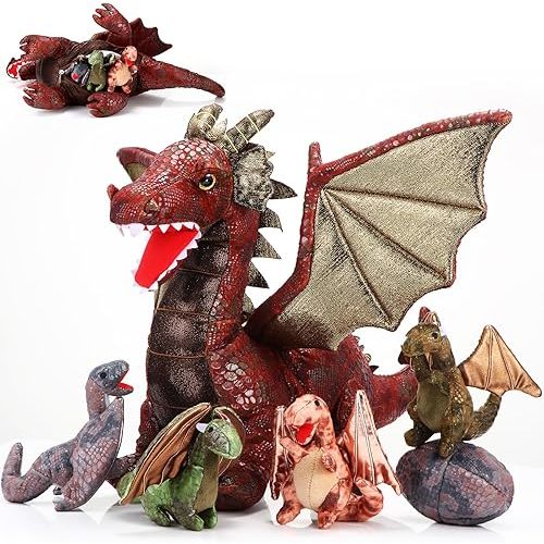Deekin 7 Pcs Dragon Toy Set 16 Inch Large Dragon Stuffed Animal with 4 Baby Plush and 2 Eggs in Mommy's Belly Dinosaur Plushies Gifts for Boys Girls Birthday Christmas(Retro Style)