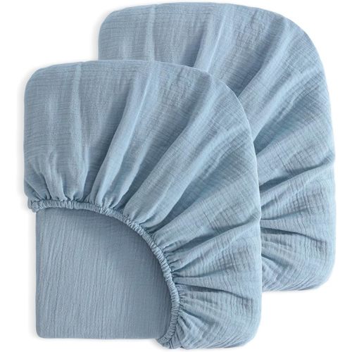 NTBAY Mini Crib Muslin Fitted Sheets, 2 Pack, 24 x 38, Sky Blue | Double-layer Muslin Cotton Sheets with Full Elastic for Compatible 24 x 38 Inch Mini Crib Mattresses, 2 Fitted Sheets
