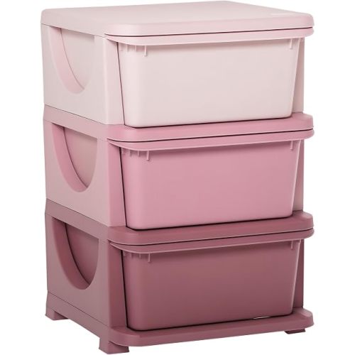 Qaba 3 Drawers Kids Storage Unit, 3 Tier Stackable Toy Organizers and Storage Chest for Bedroom, Nursery, Playroom, Living Room, Boys, Girls, Toddlers, Pink