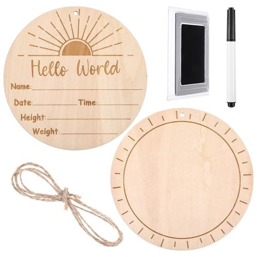 Baby Announcement Sign with Marker Pen, 5.5 Inch Round Wooden Hello World Newborn Sign, Boho Sun Baby Name Signs with Ink Pad for Hand Footprints, Birth Announcement Welcome Signs Nursery Decor