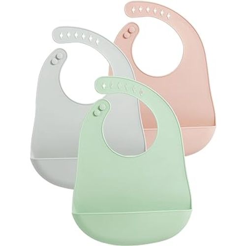 PandaEar 3 Pack Baby Bibs for Eating with Food Catcher, Waterproof Silicone Bibs for Babies Toddlers Boys Girls, Adjustable Baby Food Feeding Bibs, BPA Free