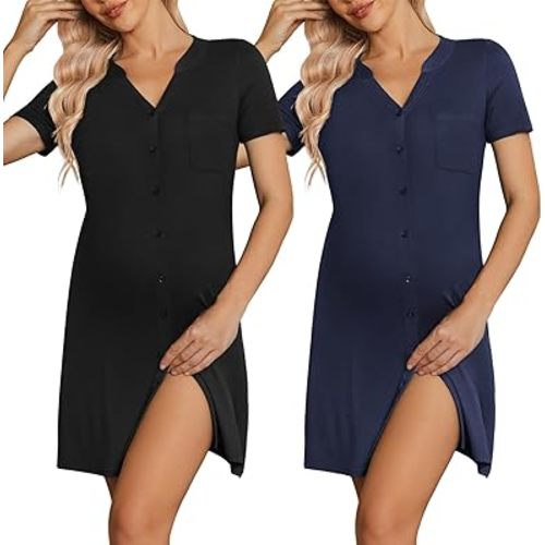 Ekouaer 2 Pack Maternity Nightgown Button Down Nursing Gown 3 in 1 Breastfeeding Sleepwear V Neck Short Sleeve Delivery Dress