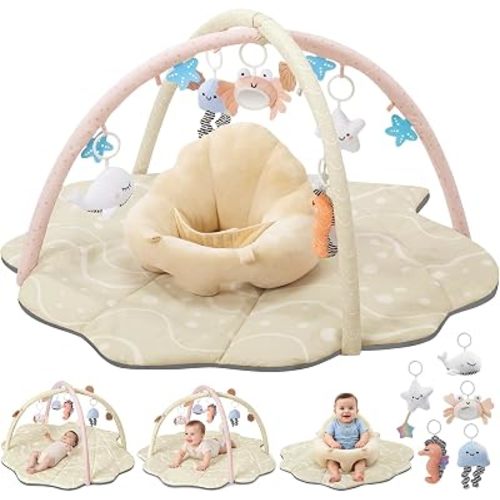 suihuooo Baby Play Mat & Seat, Tummy Time Mat with 6 Detachable Activity Toys, Baby Gym Playmat & Chair for Babies 0-6-12 Months, Baby Essentials Mat for Floor Newborn Baby Gift(Apricot)