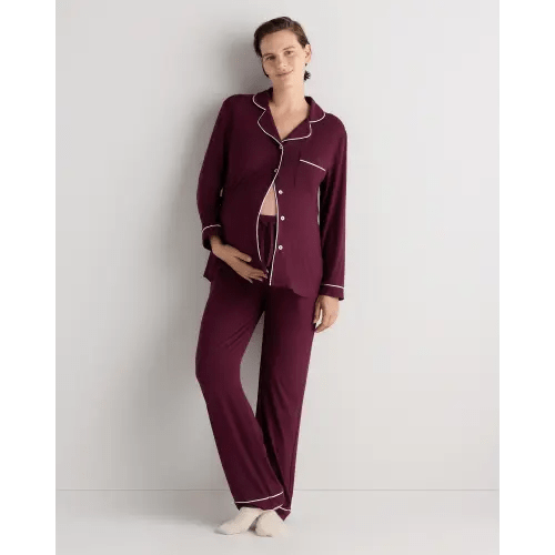 Bamboo Jersey Maternity Long Sleeve Pajama Set - Maternity in Wine Tasting Red