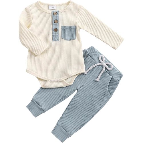 fhutpw Baby Boy Clothes 3 6 12 18 Months Ribbed Knitted Long Sleeve Romper and Pants Sets Newborn Fall Splicing Color Outfits