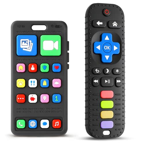 2 Pack Remote & Phone Teething Toys for 0-6 6-12 Months, BPA Free Silicone | Multi-Texture for Teething Relief, Baby Chew Toy, Easy to Clean, Easy to Grip, Baby Teether, Gifts for Newborns Infants