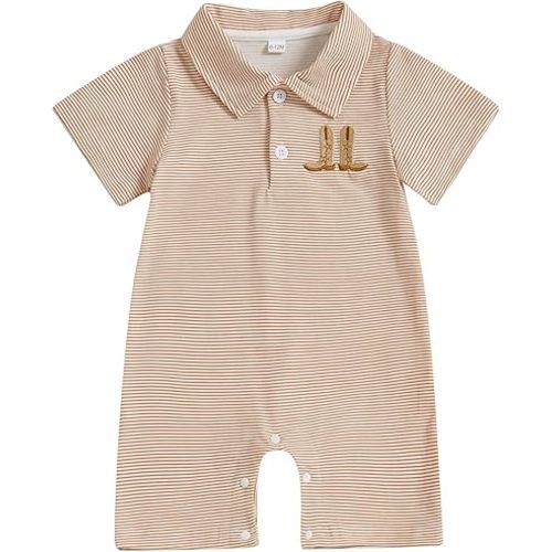 Country Baby Boy Outfit Newborn Western Romper Cowboy Boots Embroidery Striped Collared Bodysuit Infant Clothes