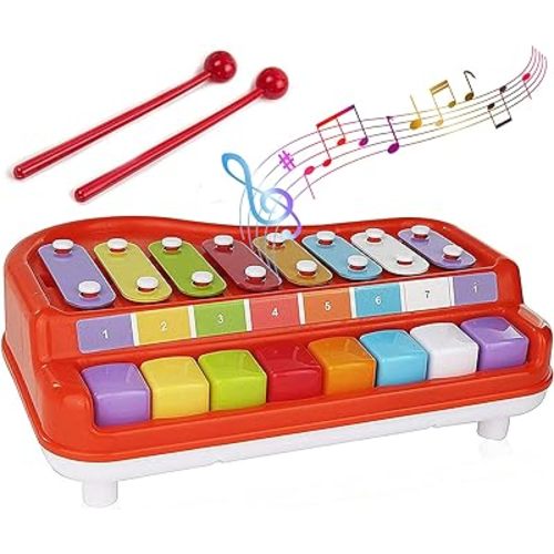 Toysery 2 in 1 Baby Piano Xylophone for Toddlers. Piano Toy Musical Instrument with 8 Multicolored Key Scales in Crisp and Clear Tones. Mallet Included. Ages 18 Months and Above.