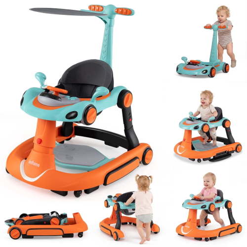 INFANS 6-in-1 Baby Walker, Converts Push Car to Bouncer, Rocker with Music, Lights, Adjustable Height & Speed, Activity Center, Canopy for 7-18 Months