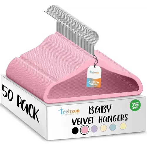 50 Premium Baby Velvet Hangers - 11.8 Inches Non-Slip & Ultra-Slim Baby Hangers for Space-Saving & Children Clothes - 360 Swivel Hook, Strong & Durable Infant & Toddler Clothes Hanger - Pink