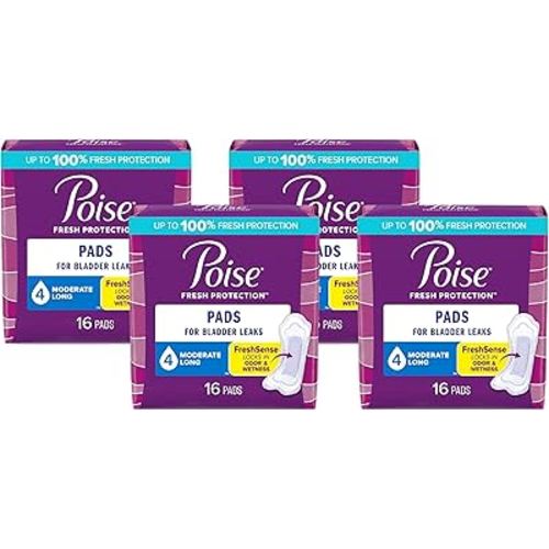 Poise Incontinence Pads & Postpartum Incontinence Pads, 4 Drop Moderate Absorbency, Long Length, 16 Count, Packaging (Pack of 4)