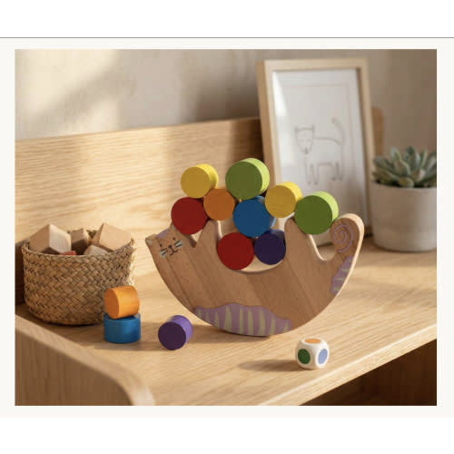 Wooden Cat Balance Game, Montessori Stacker, Toddler Strategy Toy, Scandinavian Playroom Decor