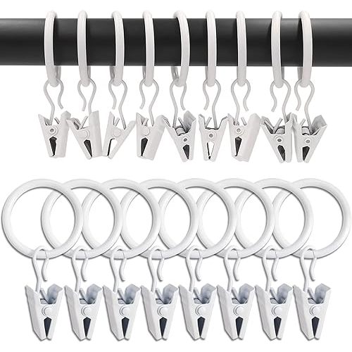 100 Pack White Curtain Rings with Clips, Curtain Hooks Hangers Clip Rings for Hanging Drapes Bows Hat, Drapery Rings 1 in I D, Fits up to 5/8 in Diameter Curtain Rod.
