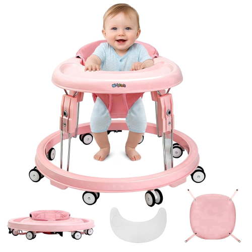 Pioncrey Foldable Baby Walker Activity Center W/ Wheels,Height Adjustable W/ Dinner Plate & Foot Pad for 6-18 Months Babies Infant Boys Girls,Full Pink