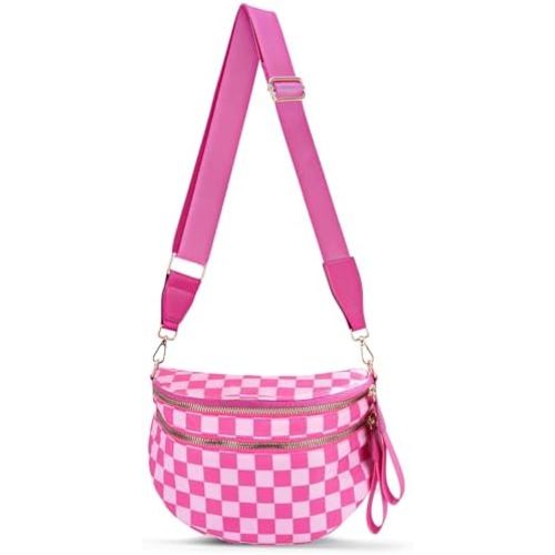 Checkered Crossbody Bum Bags for Women Nylon Checkered Purse Fanny Packs Sling Cross Body Bag with Adjustable Strap
