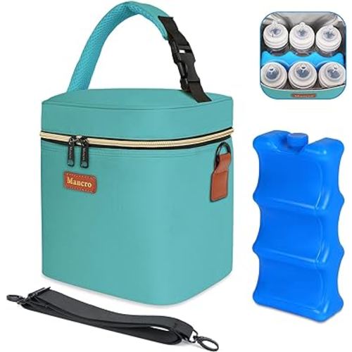 Breastmilk Cooler Bag with Ice Pack, Mancro Insulated Baby Bottle Tote Bag Fits up to 6 Bottles of up to 9 Ounces, Baby Bottle Bag for Nursing Mothers, Green