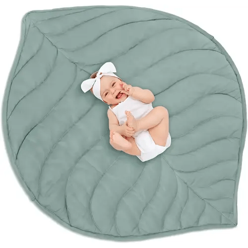 Funtery Baby Play Mat 56 x 42 Inch Cotton Crawling Cushion Cotton Nursery Rug Large Thick Soft Reversible Washable Folding Floor Playpen Mat Nursery Decor Rug for Girls Boys(Green,Leaf)
