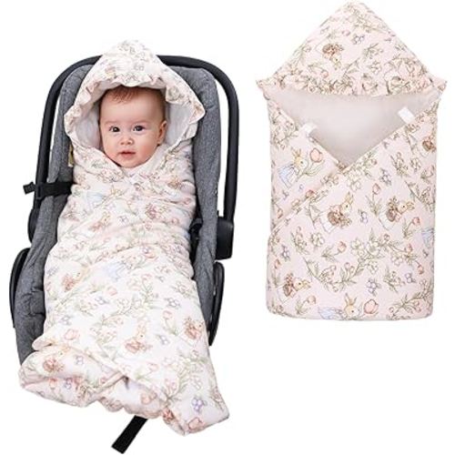 Winter Baby Car Seat Blanket for Newborn,35"x35"Universal Baby Wrap Blanket with Ruffle Hood,Winter Thickening Double Sided Cotton for Infants,Blankets for Stroller(Rabbit Flowers)