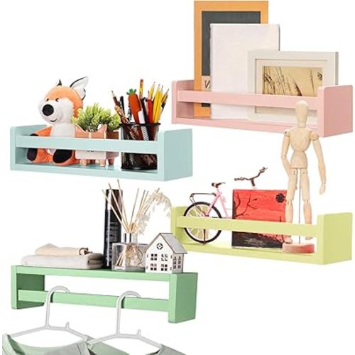 Set of 4 Nursery Book Shelves Floating Bookshelves Nursery Shelves for Wall Book Shelf Organizer Bathroom Storage Rack for Wall Decor(16 in,Light Macarons)