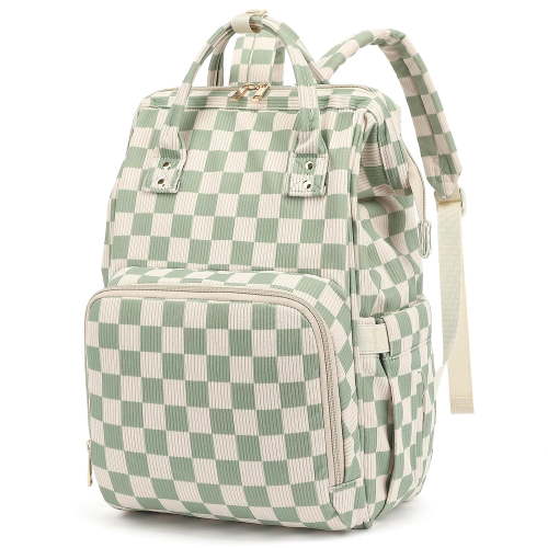 Large Capacity Baby Diaper Backpack for Travel with Stroller Straps in Corduroy Checkered Green