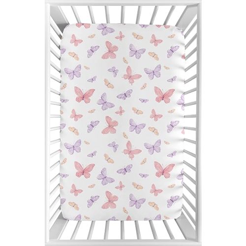 Sweet Jojo Designs Baby Fitted Mini Crib Sheet (Pink/Purple Shabby Chic Butterfly) for Girls, Newborn/Infant Nursery, Play Yards, Portable Cribs (Colorful, Pastel, Lilac, Watercolor, Butterflies)
