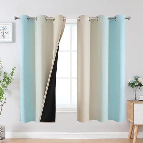 Estelar Textiler Aqua and Beige Blackout Curtains & Drapes for Bedroom, Thermal Insulated Ombre Blackout Drapes, Room Darkening Energy Saving Curtains for Living Room, 42Wx63L, 2 Panels
